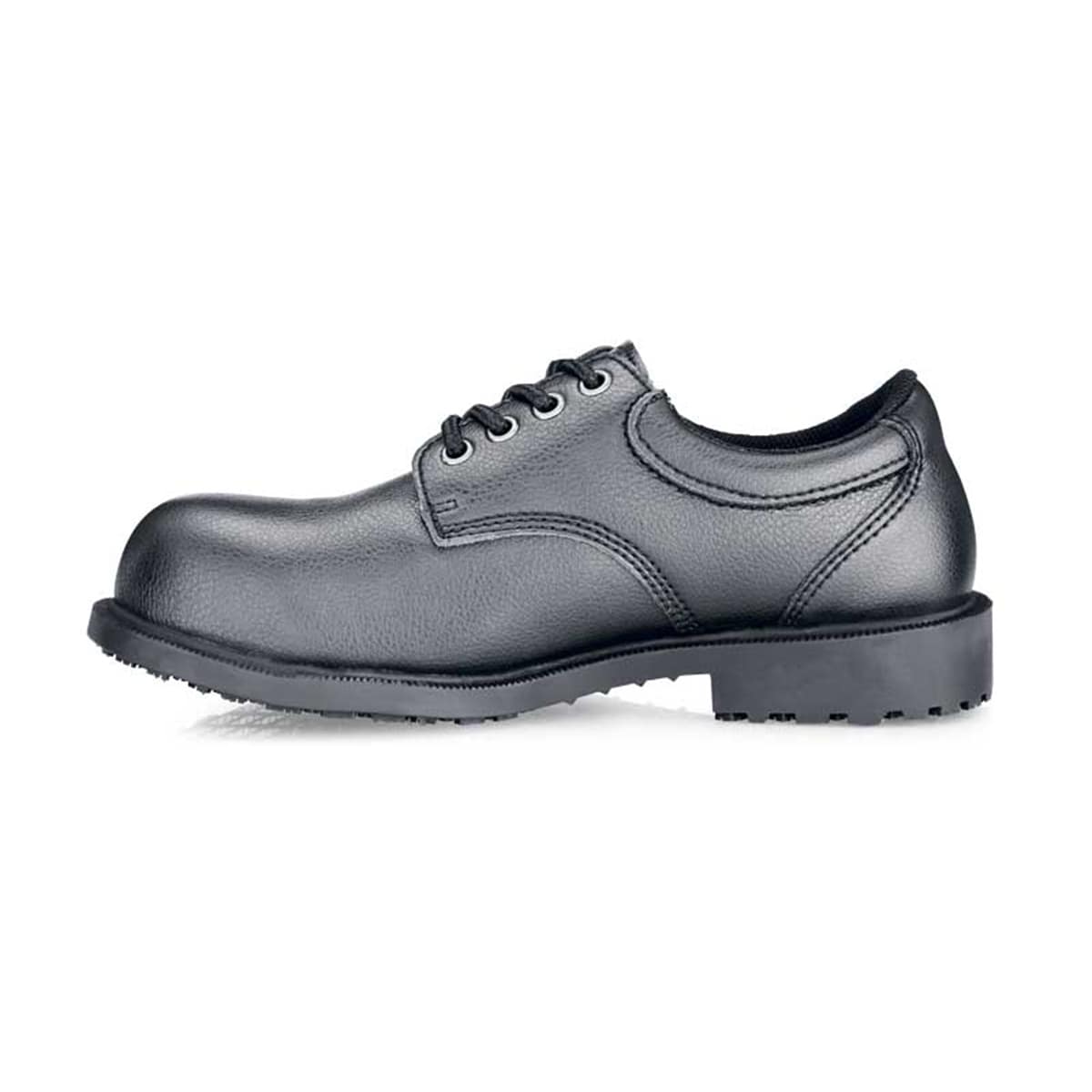 The Shoes for Crews Cambridge S/T is an slip-resistant vegan leather dress shoe with steel toe (200 joules), seen from the left.